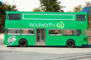 Side view of Woolworths' promotional bus.