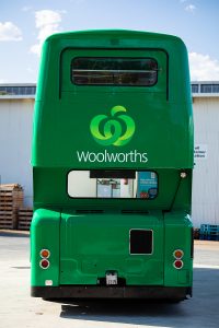 Rear view of Woolworths' promotional bus.