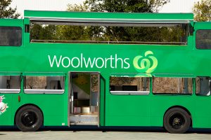 Side view of Woolworths' promotional bus.