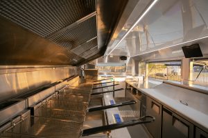Inside view of the Bills Burgers Bus kitchen.