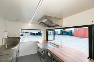 Inside view of the Radical Eats food trailer kitchen.