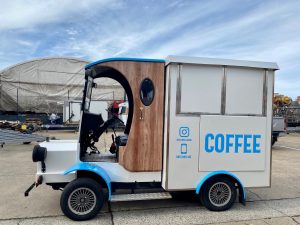 Side view of the Bolwell Brew coffee cart.