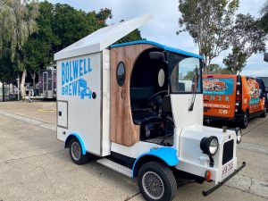 Side view of the Bolwell Brew coffee cart.