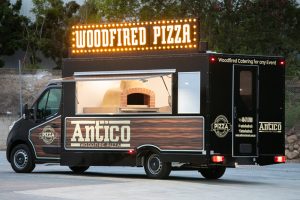 Side view of the Antico woodfire pizza truck.