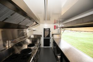 Inside view of the Chef 365 catering van kitchen.